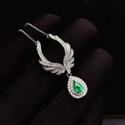 Water drop angel wing emerald necklace